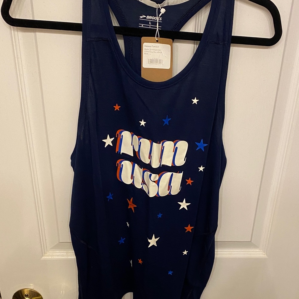 NWT Brooks Navy Blue Run USA Star Racerback Tank